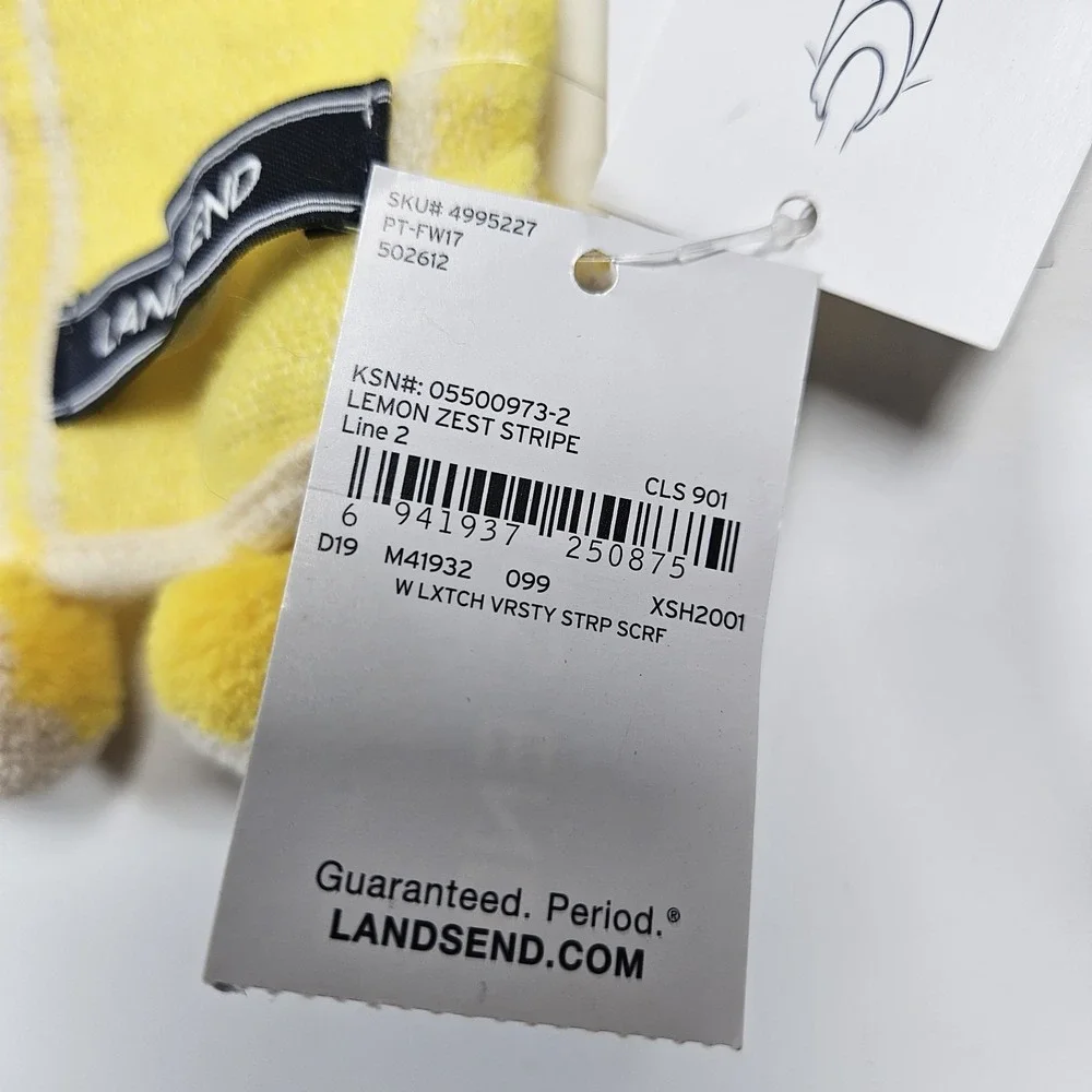 Lands End Womens Yellow wool Blend Oblong Scarf Striped Pom Pom Trim New 72